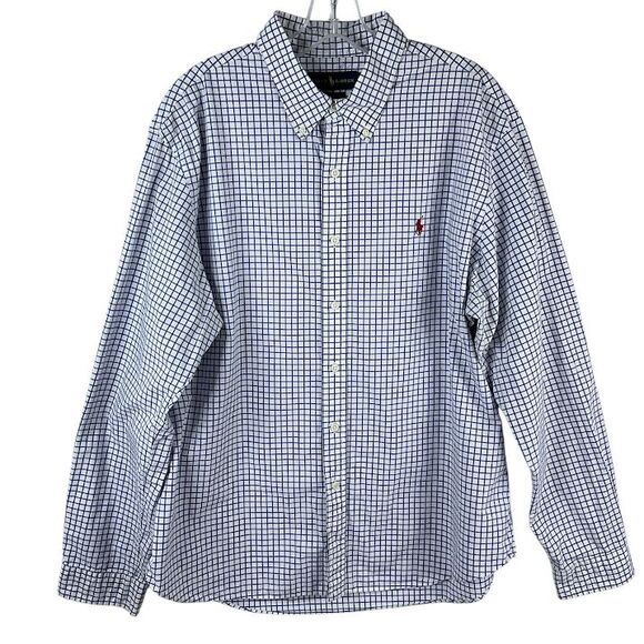 Ralph Lauren XXL Slim Fit Long Sleeve Blue White Check Tattersall Button Down - Picture 1 of 5